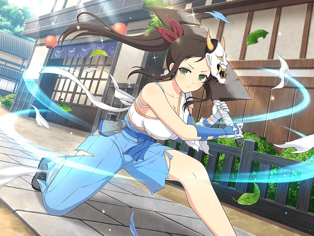 1girl architecture armor belt_pouch blood bloody_weapon blue_bow blue_hakama blush boots bow breasts brown_hair building bush cleavage cleaver day east_asian_architecture falling_leaves fence gessen_academy_school_uniform green_eyes grey_boots hair_ribbon hakama hannya holding holding_cleaver holding_weapon japanese_armor japanese_clothes kimono kote lantern large_breasts lattice leaf light_particles light_rays long_hair looking_at_viewer mask mask_on_head muneate murakumo_(senran_kagura) noh_mask official_alternate_costume official_art oni_mask outdoors paper_lantern plant pouch ribbon senran_kagura senran_kagura_new_link senran_kagura_shinovi_versus shiny_skin shouji side_ponytail sliding_doors solo sparkle sunbeam sunlight tiles torn_clothes torn_hakama torn_kimono weapon white_kimono wooden_fence yaegashi_nan
