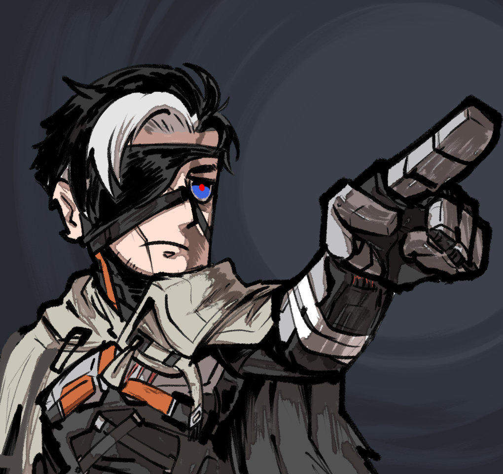 1boy artist_request black_hair blue_eyes chibi chibi_only chinese_commentary eyepatch facial_hair girls&#039;_frontline girls&#039;_frontline_neural_cloud mature_male mechanical_arms objection official_art python_(neural_cloud) red-eye_effect scar scar_on_face scar_on_nose second-party_source single_mechanical_arm solo stubble white_hair