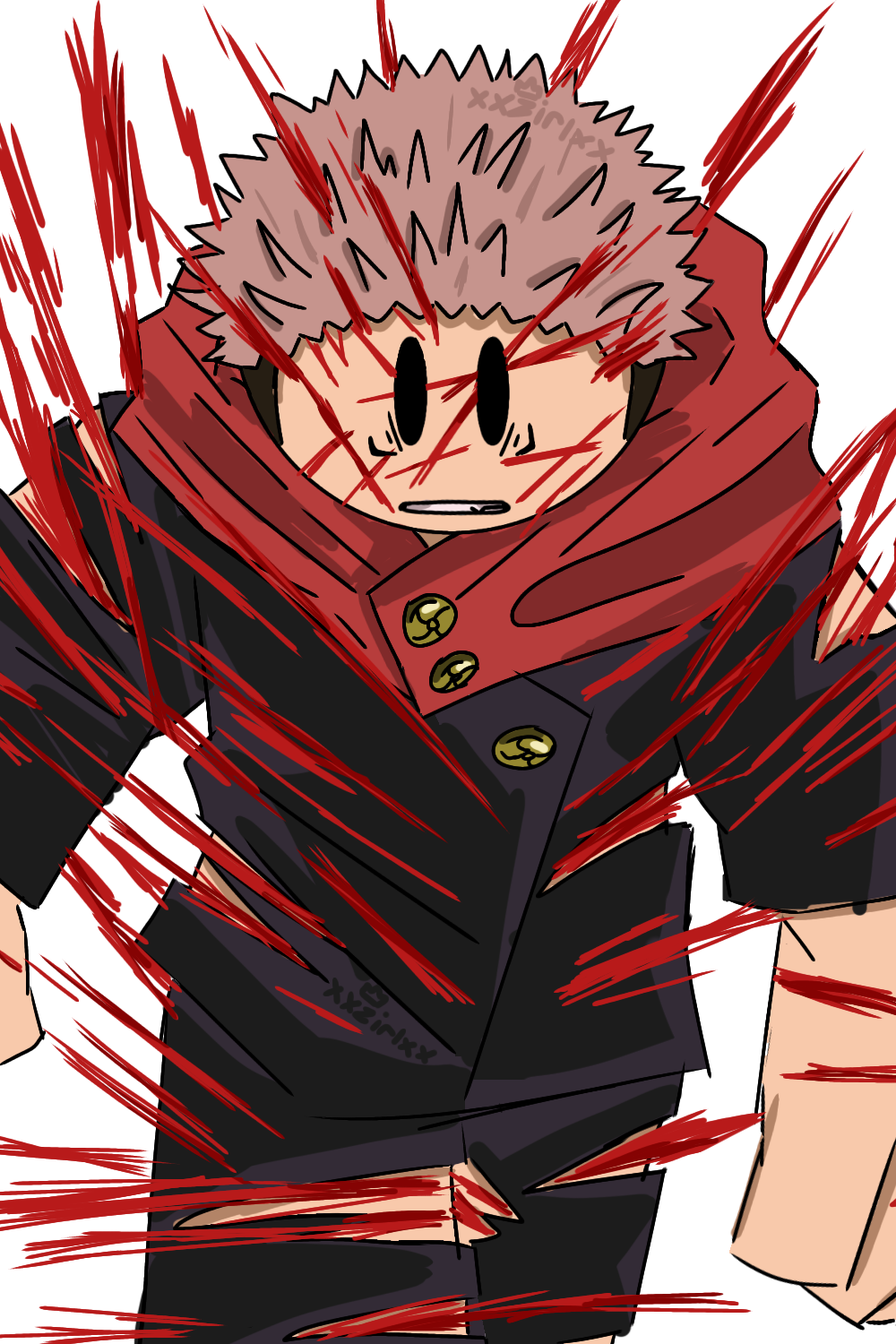 cuts highres injury itadori_yuuji jujutsu_kaisen jujutsu_tech_uniform male_focus pink_hair roblox slicing spiked_hair