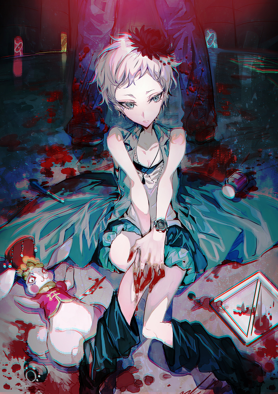 1girl 1other bare_arms bare_shoulders black_flower blood blood_on_clothes blood_on_hands blood_splatter boots chromatic_aberration closed_mouth coat collarbone expressionless eyelashes flower green_eyes grey_hair hair_flower hair_ornament hand_on_own_knee head_tilt jewelry kyokugen_dasshutsu kyokugen_dasshutsu_adv:_zennin_shibou_desu looking_to_the_side mura_karuki outstretched_arms own_hands_together pants pendant phi_(kyokugen_dasshutsu) shirt short_hair shorts sitting sleeveless sleeveless_coat solo_focus standing stuffed_animal stuffed_toy