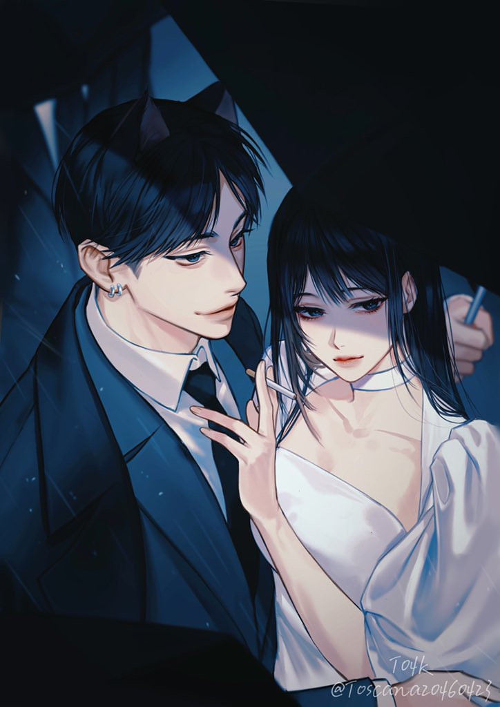 1boy 1girl 3others animal_ears artist_name black_hair black_jacket black_necktie blue_eyes breasts cat_ears choker cigarette closed_mouth collarbone couple dress earrings grey_jacket hetero holding holding_cigarette holding_umbrella jacket jewelry long_hair looking_to_the_side medium_breasts multiple_others necktie original outdoors puffy_sleeves rain shirt short_hair thick_lips toscana20460423 twitter_username umbrella upper_body white_choker white_dress white_shirt