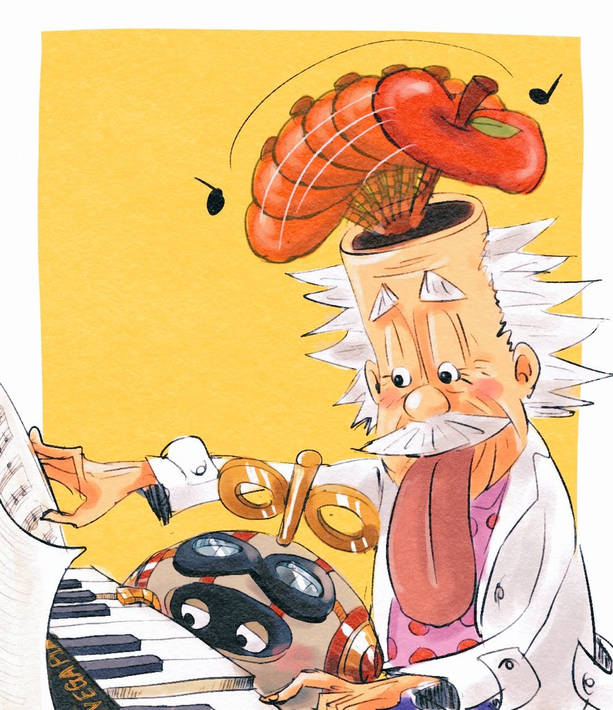2boys apple black_eyes dr._vegapunk facial_hair food fruit goggles goggles_on_head instrument looking_at_object male_focus multiple_boys music musical_note mustache one_piece oooooogu24 playing_instrument playing_piano polka_dot polka_dot_shirt robe robot sheet_music shirt short_hair spiked_hair teaching tongue tongue_out upper_body vegapunk_edison white_hair white_robe winding_key yellow_background