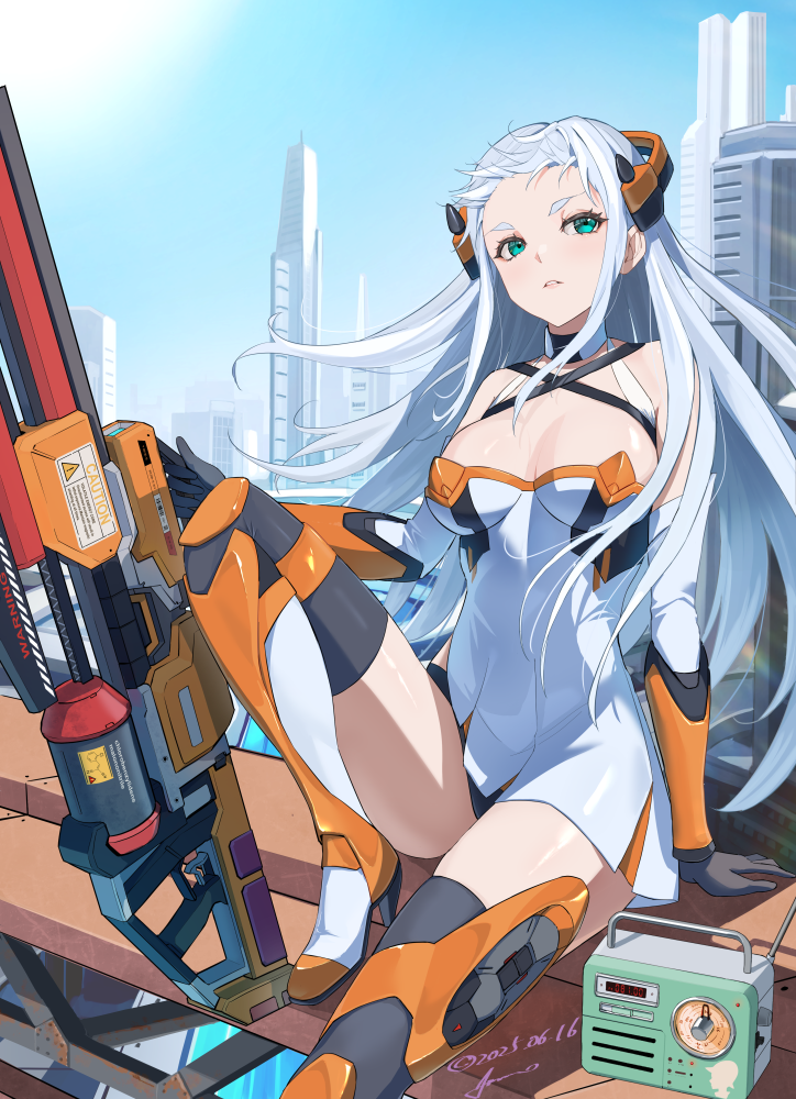 1girl ammo21204760 bare_shoulders black_gloves black_thighhighs blue_sky boots breasts building cityscape cleavage day dress elbow_gloves gloves green_eyes gun headgear high_heel_boots high_heels holding holding_weapon knee_up large_breasts long_hair looking_at_viewer mecha_musume medium_breasts original outdoors panties parted_lips rooftop short_dress sitting sky skyscraper solo thigh_boots thighhighs underwear weapon white_dress white_hair