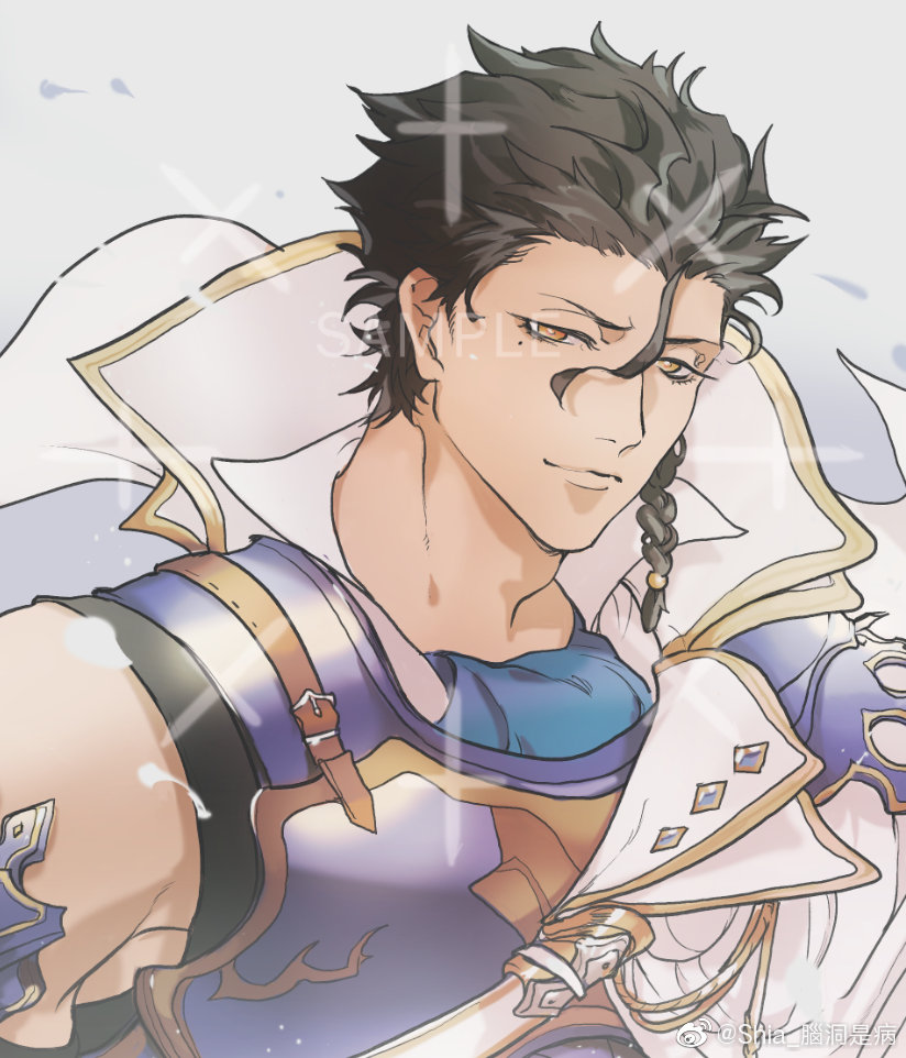 1boy armor black_hair braid cape diarmuid_ua_duibhne_(fate) diarmuid_ua_duibhne_(lancer)_(fate) diarmuid_ua_duibhne_(saber)_(fate) fate/grand_order fate_(series) iash looking_at_viewer male_focus mole mole_under_eye simple_background single_braid sleeveless smile solo upper_body white_background yellow_eyes