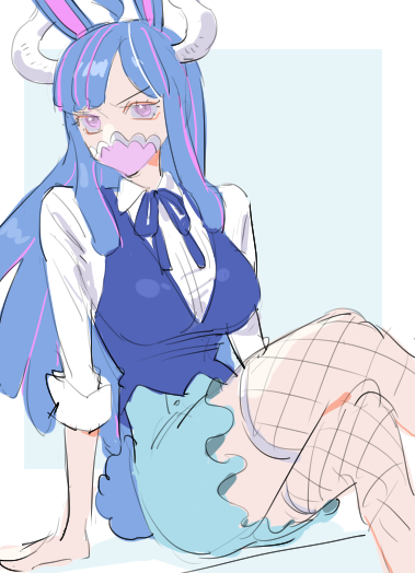 1girl ahoge alternate_costume animal_ears arm_support blue_hair blue_ribbon blue_skirt blue_vest border breasts collared_shirt commentary crossed_legs feet_out_of_frame fishnet_thighhighs fishnets horns large_breasts long_hair mask mouth_mask neck_ribbon one_piece outside_border pink_eyes rabbit_ears raine_(acke2445) ribbon shirt sitting skirt solo symbol-only_commentary thighhighs ulti_(one_piece) vest white_border white_shirt