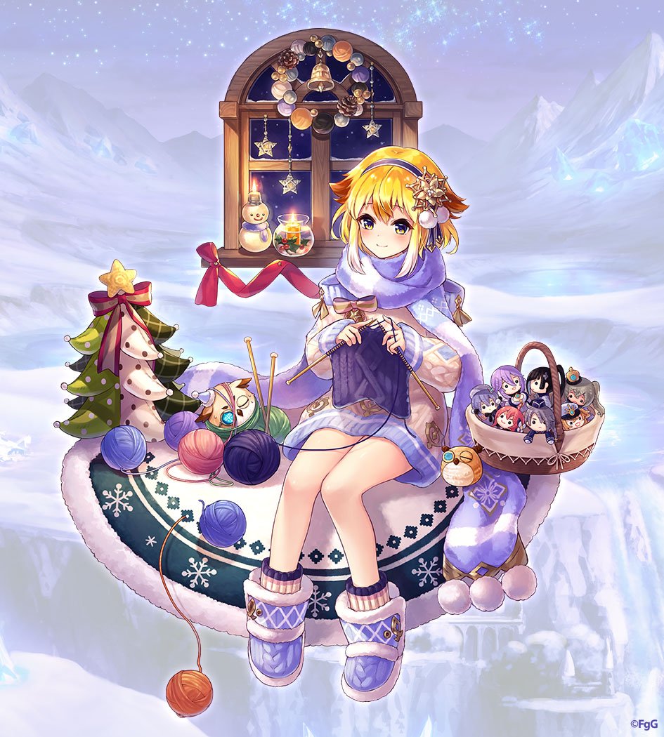 1girl ancient_killers_(phantom_of_the_kill) bird blonde_hair blue_eyes blue_hairband character_doll christmas christmas_tree closed_mouth damocles_(phantom_of_the_kill) double-parted_bangs freischutz_(phantom_of_the_kill) full_body gisla_(phantom_of_the_kill) hair_ornament hairband hercule_(phantom_of_the_kill) looking_at_viewer mikan_ame_(gumi) minerva_(phantom_of_the_kill) multicolored_eyes ness_(phantom_of_the_kill) official_alternate_costume official_art owl phantom_of_the_kill ragnarok_(phantom_of_the_kill) second-party_source sitting sleeping smile solo stuffed_owl suiha_(phantom_of_the_kill) two-tone_eyes windowsill yarn yellow_eyes