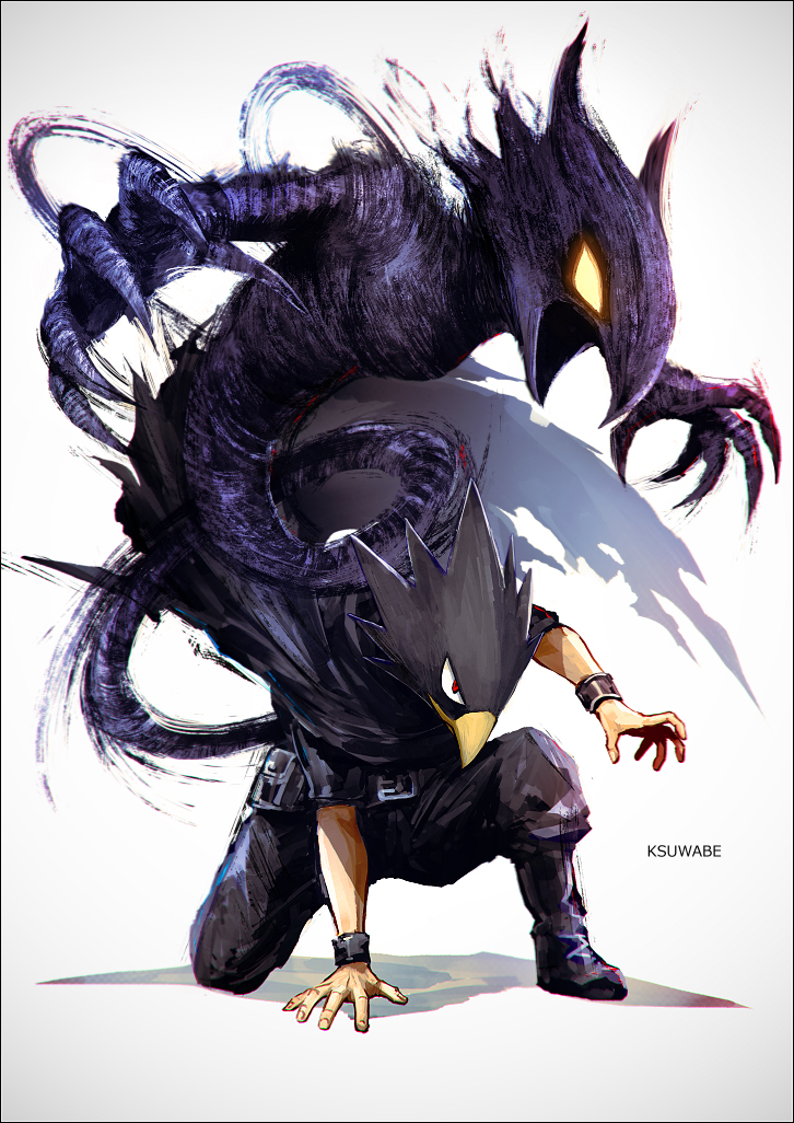 1boy animal_head artist_name beak belt belt_pouch black_belt black_cape black_footwear black_pants black_shirt boku_no_hero_academia boots cape claws commentary_request dark_shadow glowing glowing_eye hand_on_floor k-suwabe looking_ahead male_focus on_one_knee pants pouch red_eyes shirt simple_background tokoyami_fumikage white_background yellow_eyes