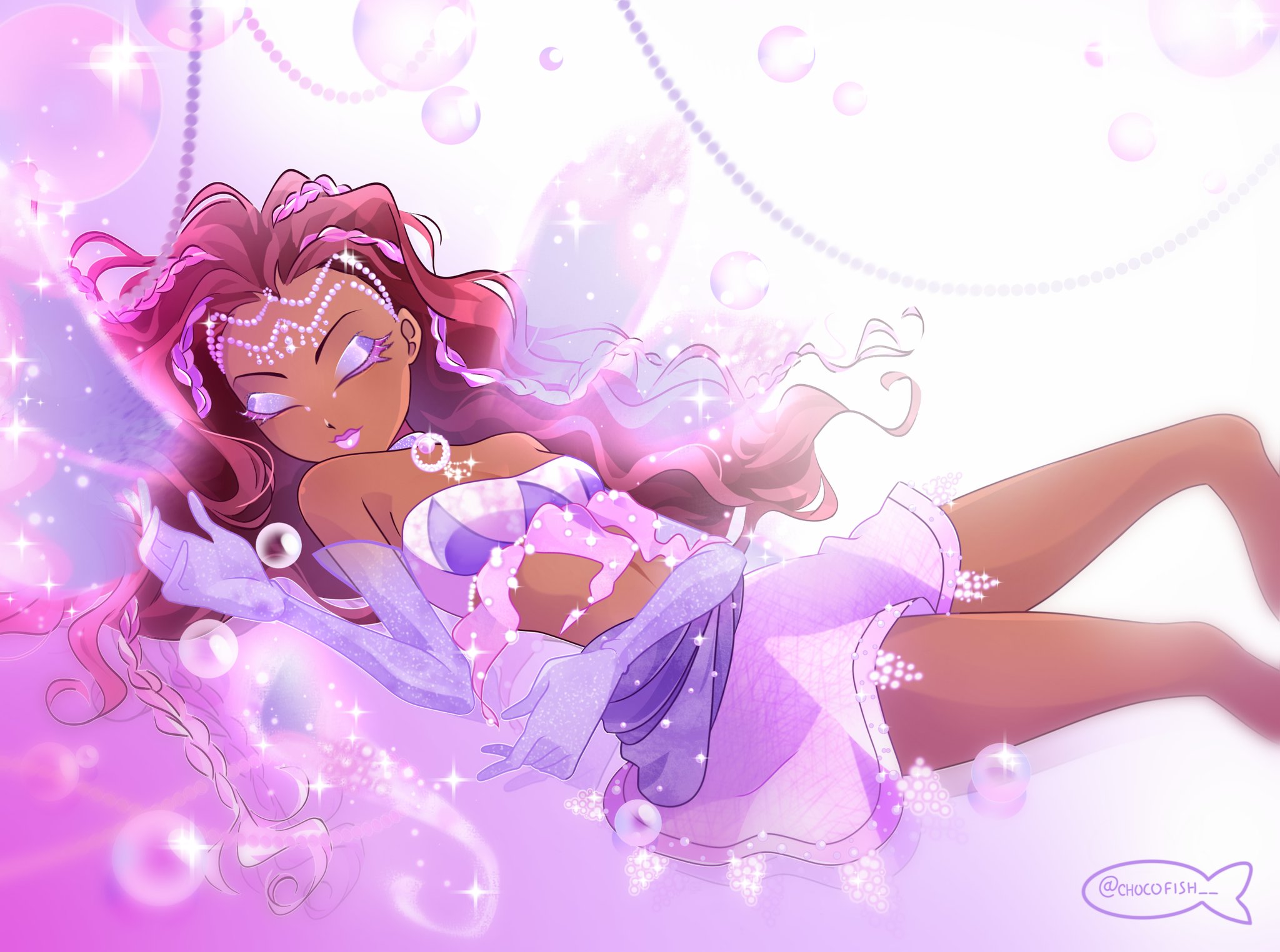 1girl aisha_(winx_club) alternate_color bad_id bad_twitter_id bare_legs bare_shoulders beads braid breasts bubble chocofish circlet cleavage closed_eyes closed_mouth colored_eyelashes commentary crop_top dark-skinned_female dark_skin elbow_gloves enchantix english_commentary expressionless eyeshadow fairy fairy_wings feet_out_of_frame glitter gloves gradient_background highres light_particles lipstick lying magic magical_girl makeup midriff miniskirt multicolored_hair multiple_braids navel on_back pink_background pink_hair pink_shirt pink_skirt purple_eyeshadow purple_gloves purple_lips purple_shirt purple_skirt purple_theme purple_wings shirt short_hair skirt solo sparkle strapless strapless_shirt streaked_hair transparent_wings triangle_print twitter_username two-tone_shirt two-tone_skirt watermark white_background wings winx_club