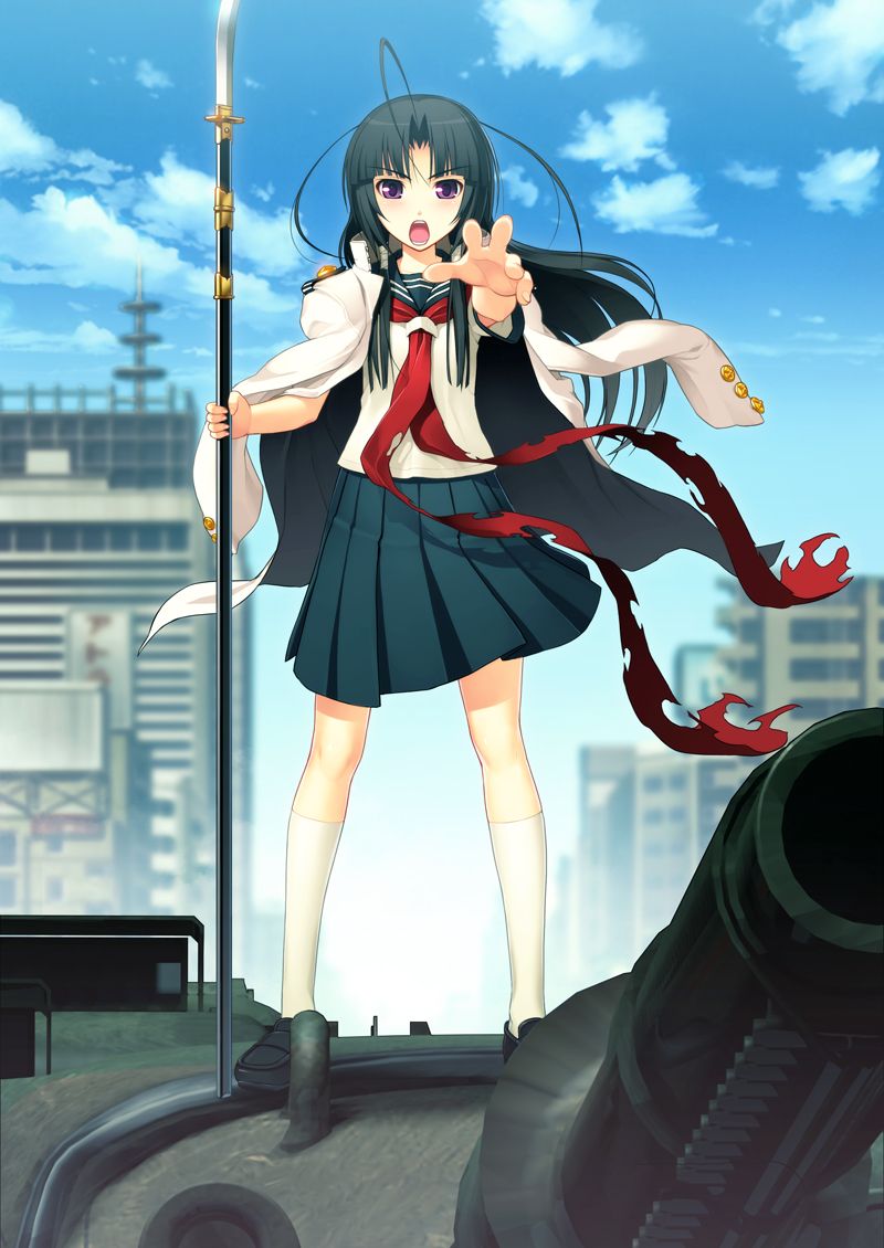 1girl ahoge antenna_hair black_hair female_focus flat_chest game_cg long_hair naginata nitroplus non-web_source oki_kiki polearm purple_eyes school_uniform solo sumaga tsuji_santa weapon