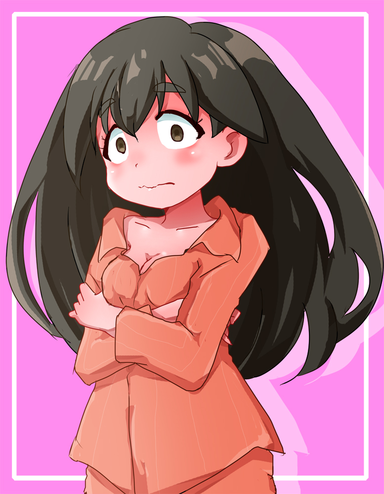1girl blush breasts brown_eyes cleavage long_hair messy_hair pajamas pink_background shishinon small_breasts solo thick_eyebrows uchuujin_muumuu umeyashiki_sakurako wavy_mouth