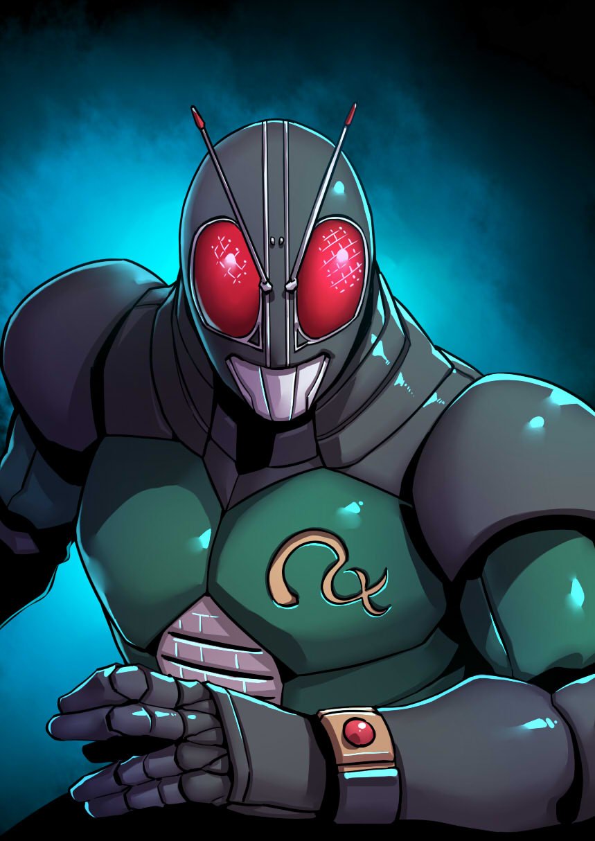 1boy antennae armor gloves helmet highres kamen_rider kamen_rider_black_rx kamen_rider_black_rx_(series) looking_at_viewer male_focus mask masked_rider simple_background solo tukiwani