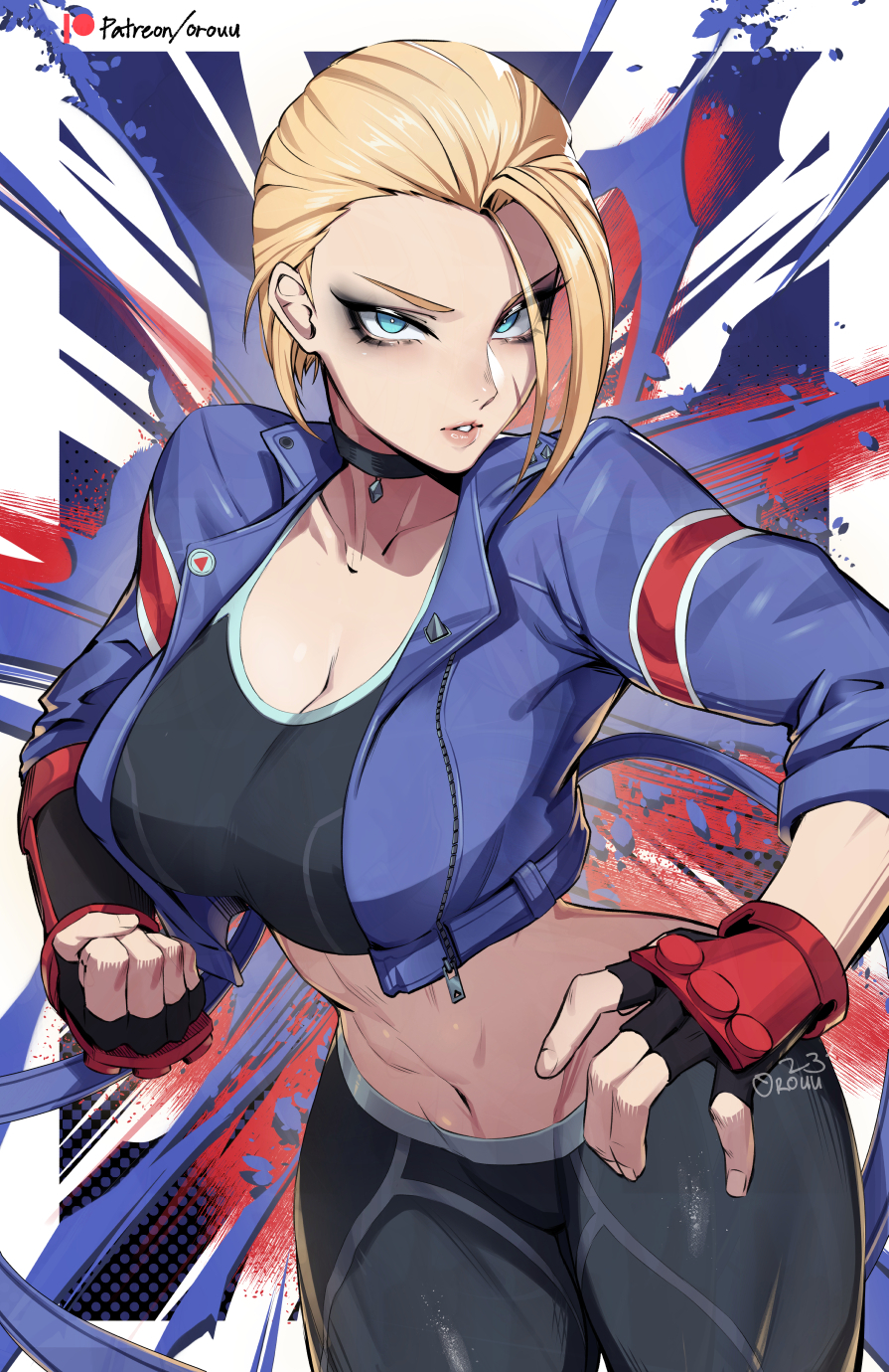 1girl artist_name black_sports_bra blonde_hair blue_eyes blue_jacket breasts cammy_white cleavage cropped_jacket eyeliner eyeshadow facial_scar fingerless_gloves gloves highres jacket large_breasts looking_at_viewer makeup navel orouu pants scar scar_on_cheek scar_on_face short_hair solo sports_bra street_fighter thighs union_jack yoga_pants