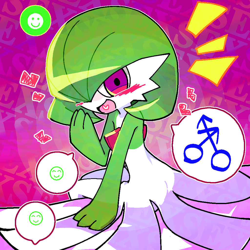 1boy blush bob_cut colored_skin english_text from_behind gardevoir gen_3_pokemon green_hair green_skin hair_over_one_eye hand_up happy heart heart_in_mouth jaggy_lines kan_(kam48360493) looking_at_viewer looking_back male_focus mars_symbol multicolored_skin nintendo notice_lines one_eye_covered open_mouth outline pink_background pokemon pokemon_(creature) red_eyes short_hair sitting smile solo speech_bubble spoken_emoji spoken_mars_symbol trap two-tone_skin white_outline white_skin