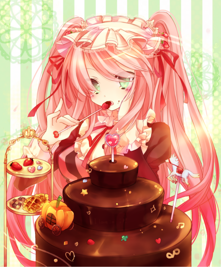 1girl bad_id bad_pixiv_id cake cake_decoration candy carriage checkerboard_cookie chocolate chocolate-covered_food chocolate_cake chocolate_strawberry cookie female_focus food fruit green_background ibara_riato lollipop long_hair original pink_hair solo strawberry sweets twintails very_long_hair waffle