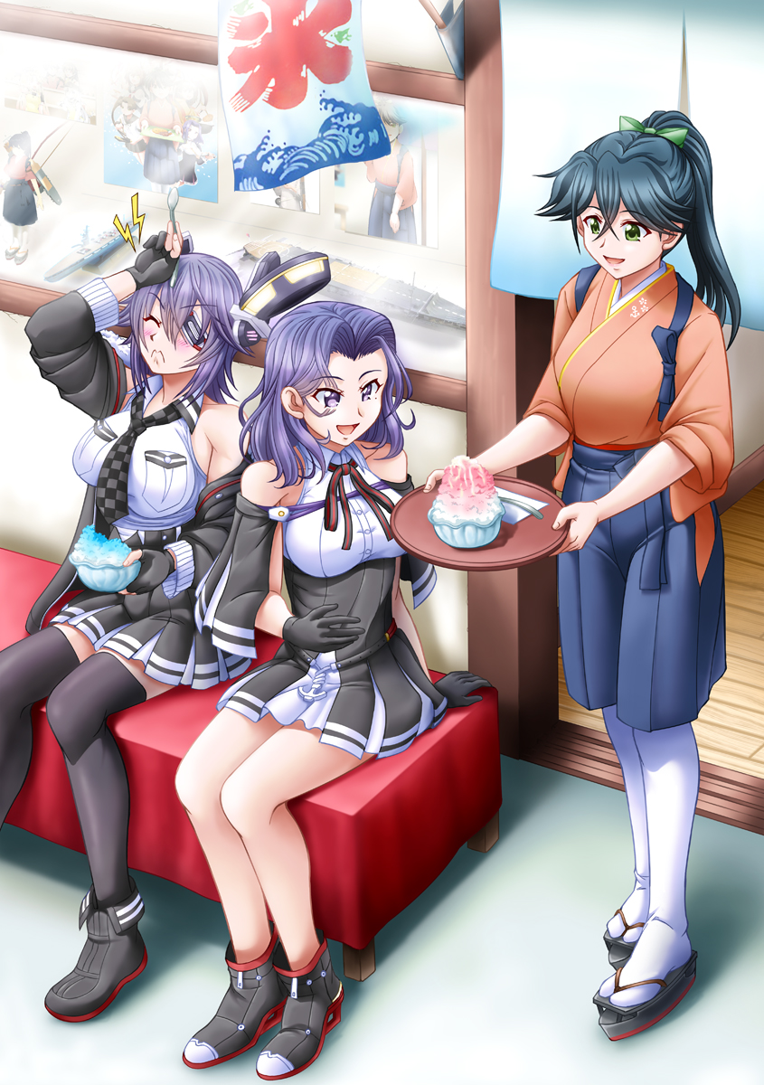 3girls black_gloves black_hair black_legwear blouse blush bow breasts checkered_clothes checkered_neckwear closed_mouth dres dress food gloves graphite_(medium) green_bow green_eyes hair_between_eyes hair_bow hair_intakes hakama hakama_short_skirt hakama_skirt halo headgear highres houshou_(kancolle) japanese_clothes kantai_collection kimono long_hair long_sleeves majin_go! mechanical_halo mechanical_pencil medium_breasts medium_hair multiple_girls necktie pantyhose pencil ponytail purple_eyes purple_hair shaved_ice shirt shoes short_dress sitting sitting_on_branch skirt sleeveless sleeveless_shirt small_breasts tatsuta_(kancolle) tenryuu_(kancolle) textless_version thighhighs traditional_media white_legwear white_shirt