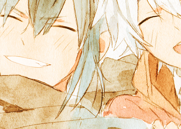 2boys ^_^ black_hair close-up closed_eyes commentary_request furrowed_brow gomas grey_scarf grin hair_between_eyes happy hood hood_down hooded_jacket jacket multiple_boys nezumi_(no.6) no.6 open_mouth red_jacket scarf shion_(no.6) short_hair smile teeth upper_body upper_teeth_only white_background white_hair