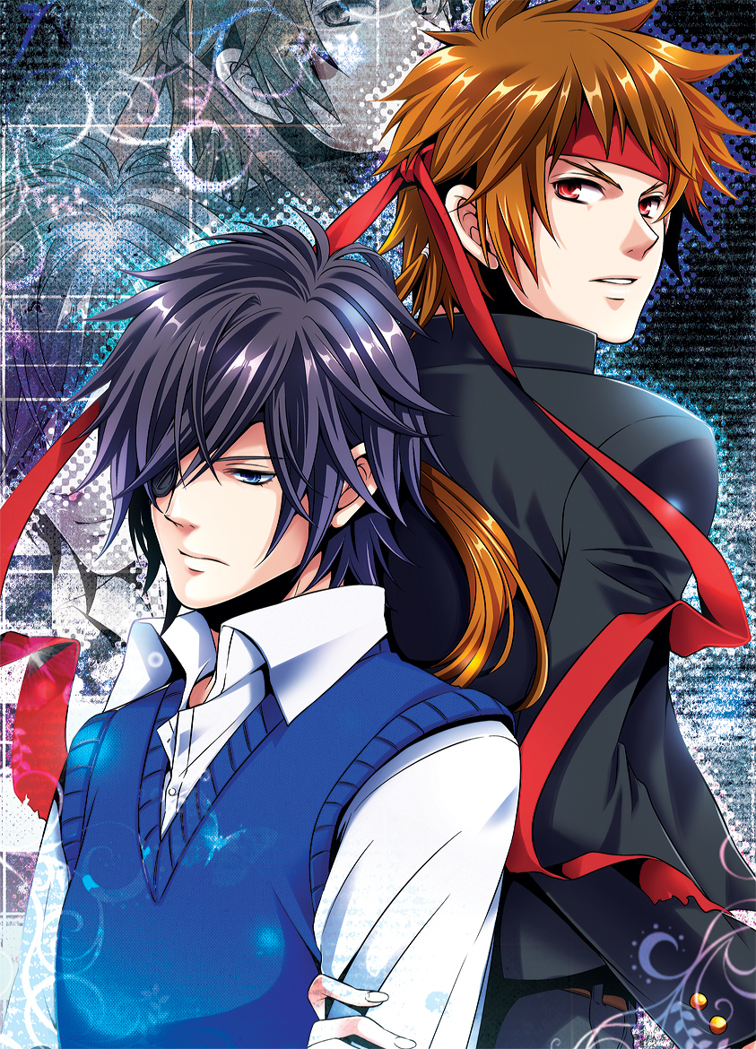 2boys alternate_costume back-to-back black_hair blue_eyes blue_sweater_vest brown_hair collared_shirt date_masamune_(sengoku_basara) gakuen_basara gakuran headband long_hair looking_at_viewer low_ponytail male_focus multiple_boys ponytail red_eyes red_headband sanada_yukimura_(sengoku_basara) school_uniform sengoku_basara shirt sweater_vest warabi_(waradoko) white_shirt zoom_layer