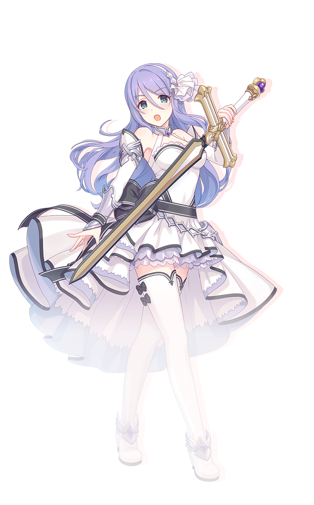 1girl armor bare_shoulders black_bow blue_eyes blush bow breasts collar detached_sleeves dress dress_bow drop_shadow full_body hair_between_eyes hairband hand_up holding holding_sword holding_weapon long_hair looking_at_viewer official_art open_mouth princess_connect! purple_hair shizuru_(princess_connect!) simple_background sleeveless sleeveless_dress solo standing sword tachi-e thighhighs transparent_background weapon white_dress white_hairband white_thighhighs