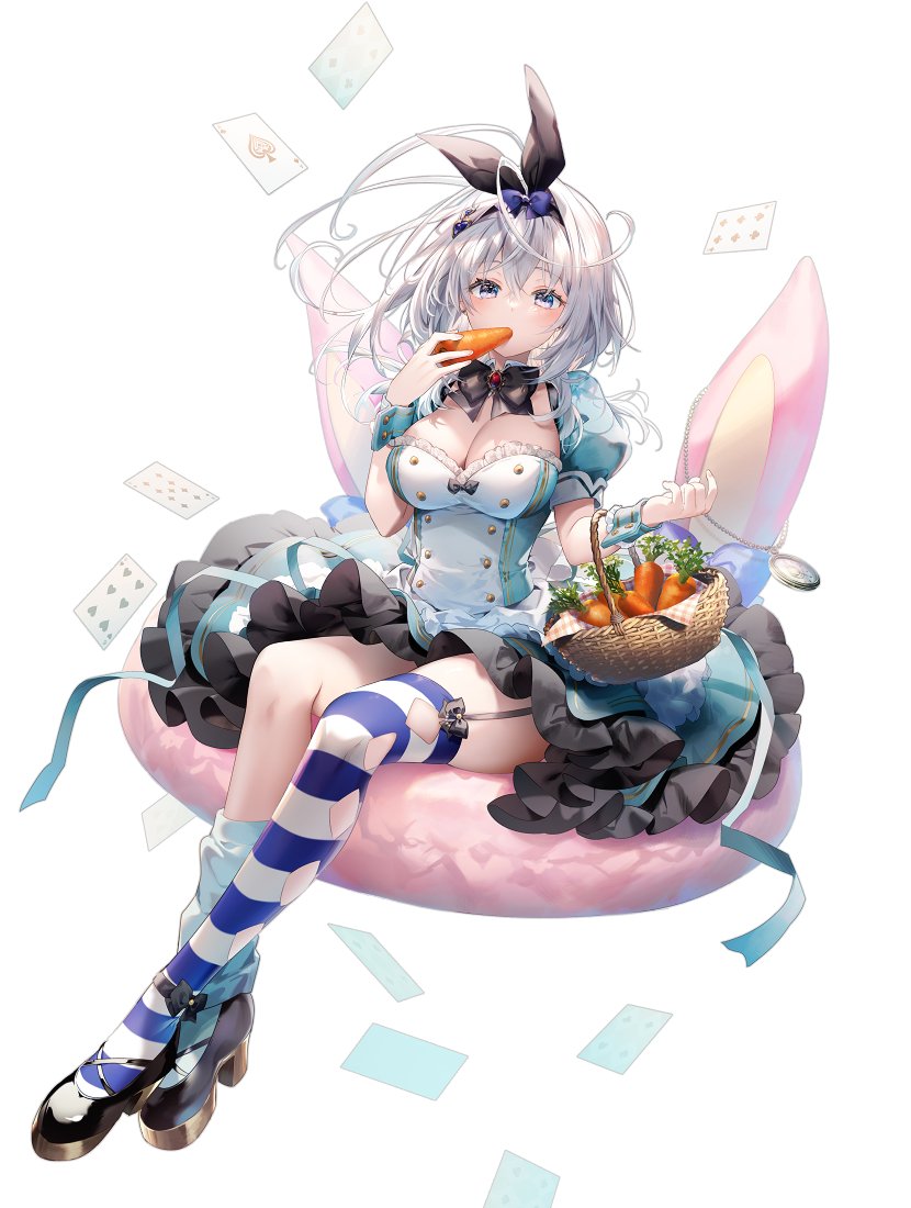 antenna_hair asymmetrical_legwear basket bob_cut bow bowtie breasts carrot cleavage cleavage_cutout clothing_cutout crossed_ankles donut dress eating floating_hair food full_body grey_hair hair_ribbon high_heels holding holding_basket layered_dress lilithea loose_socks mata_korosarete_shimatta_nodesune_tantei-sama poker puffy_sleeves purple_eyes ribbon riichu simple_background sitting socks striped_clothes striped_thighhighs thighhighs white_background wrist_cuffs