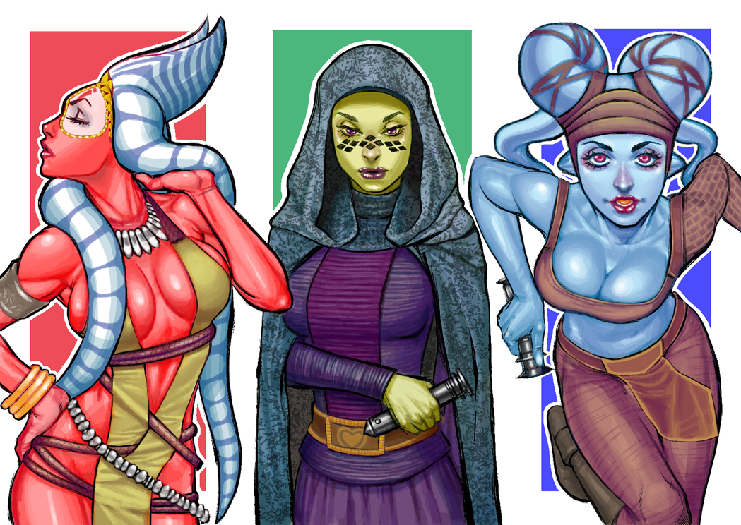 3girls aayla_secura alien barriss_offee blue_skin breasts brown_pants brown_shirt cleavage cloak closed_eyes colored_skin crop_top energy_sword green_skin grey_cloak holding holding_sword holding_weapon hood hooded_cloak kachakacha large_breasts lekku_(anatomy) lightsaber looking_at_viewer looking_to_the_side mirialan multiple_girls pants purple_shirt purple_skirt red_skin shaak_ti shirt skirt star_wars sword togruta twi&#039;lek weapon