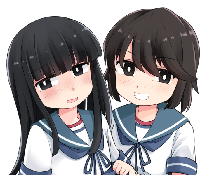 2girls black_eyes black_hair blue_neckerchief blue_sailor_collar blunt_bangs commentary_request grin hatsuyuki_(kancolle) hime_cut kantai_collection long_hair looking_at_viewer miyuki_(kancolle) multiple_girls neckerchief okitarou_(okiyo) sailor_collar sailor_shirt school_uniform serafuku shirt short_hair short_sleeves simple_background smile upper_body white_background white_shirt