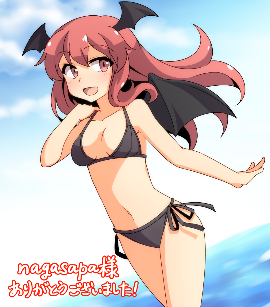 1girl bat_wings bikini black_bikini blue_sky blush breasts cloud commission dairi day demon demon_girl head_wings imp koakuma long_hair looking_to_the_side medium_breasts navel ocean open_mouth outstretched_arm red_eyes red_hair side-tie_bikini_bottom skeb_commission sky smile solo swimsuit thighs touhou translation_request wings