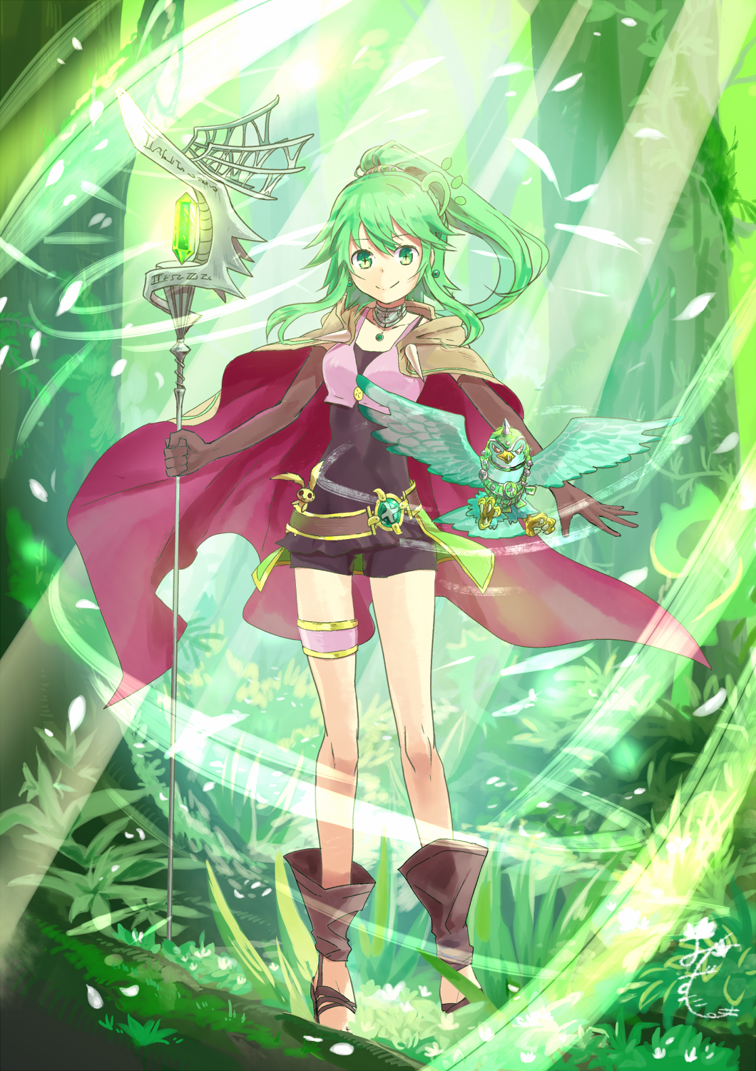1girl bird black_shirt black_shorts brown_gloves cape choker collarbone day elbow_gloves female_focus floating_hair forest full_body gloves green_eyes green_hair high_ponytail highres holding holding_staff jewelry long_hair looking_at_viewer mizutama_(mizutamalion) nature necklace outstretched_arm ponytail shirt short_shorts shorts smile solo spiritual_beast_tamer_winda staff standing thigh_strap tree winda_(yu-gi-oh!) winda_priestess_of_gusto yu-gi-oh!