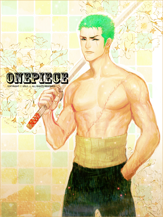 1boy green_hair hand_in_pocket haramaki j_(onose1213) katana male_focus one-eyed one_piece realistic roronoa_zoro scar scar_across_eye scar_on_face short_hair solo stitches sword topless_male weapon
