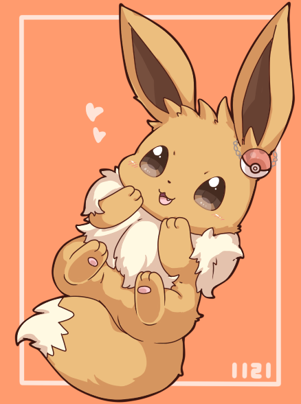 2027_(submarine2027) :3 :d blush brown_eyes commentary_request dated earrings eevee fang full_body gen_1_pokemon hands_up heart jewelry looking_at_viewer nintendo no_humans open_mouth orange_background poke_ball_earrings pokemon pokemon_(creature) simple_background single_earring smile solo