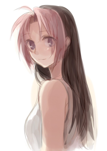 1girl bare_shoulders black_hair colored_bangs female_focus fullmetal_alchemist long_hair looking_at_viewer looking_back multicolored_hair pink_hair purple_eyes riru rose_tomas shirt simple_background solo two-tone_hair white_background white_shirt