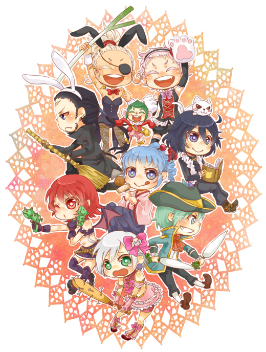 4boys 4girls alfa_system alternate_costume ange_serena animal animal_ears bare_shoulders beard black_hair blue_eyes blue_hair book boots breasts cat choker cleavage closed_eyes coat coda creature detached_sleeves elbow_gloves eyepatch facial_hair fake_animal_ears food frills gloves green_eyes green_hair grey_hair gun hat hermana_larmo iria_animi japanese_clothes kongwai_tao leotard long_hair midriff multiple_boys multiple_girls navel open_mouth pants playboy_bunny purple_hair qq_selesneva rabbit_ears red_eyes red_hair ribbon ricardo_soldato ruca_milda scar shoes short_hair skirt smile spada_belforma tales_of_(series) tales_of_innocence tears thigh_boots thighhighs tongue weapon white_hair wings