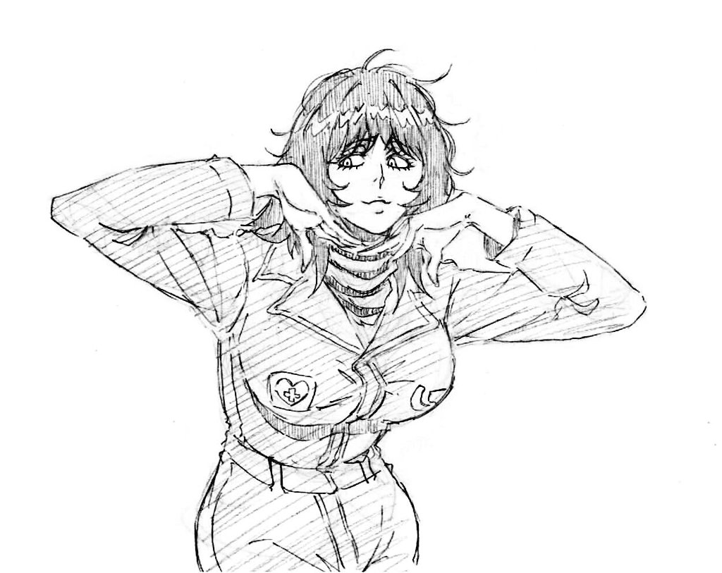 1girl 2024 anya_(mouthwashing) arms_up belt breasts breath collared_jumpsuit female_focus full_body graphite_(medium) high-waist_pants jumpsuit lapels large_breasts light_smile long_hair long_sleeves medium_hair messy_hair mouthwash mouthwashing notched_lapels pants rakusakugk sideways_glance skin_tight solo spread_fingers sweat sweater tareme traditional_media turtleneck turtleneck_sweater upper_body