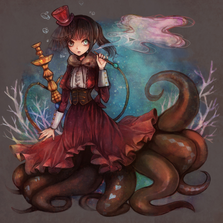 1girl air_bubble black_choker black_eyes black_hair black_veil blue_eyes bow bubble choker clona colored_skin commentary_request coral corset dark_skin diamond_(shape) dress dress_bow full_body fur_scarf hat heart heterochromia holding holding_smoking_pipe hookah looking_at_viewer mini_hat mini_top_hat monster_girl multicolored_skin original parted_lips ponytail red_bow red_dress red_hat scylla smoke smoking smoking_pipe spade_(shape) surprised tentacles top_hat tube veil victorian white_wrist_cuffs wrist_cuffs