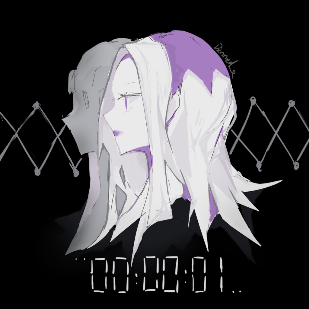 1boy black_background chinese_commentary closed_mouth commentary_request cropped_shoulders dinned expressionless eyelashes hair_down jojo_no_kimyou_na_bouken leone_abbacchio lipstick long_hair makeup multicolored_hair purple_eyes purple_hair purple_lips sidelocks signature timestamp two-tone_hair white_hair