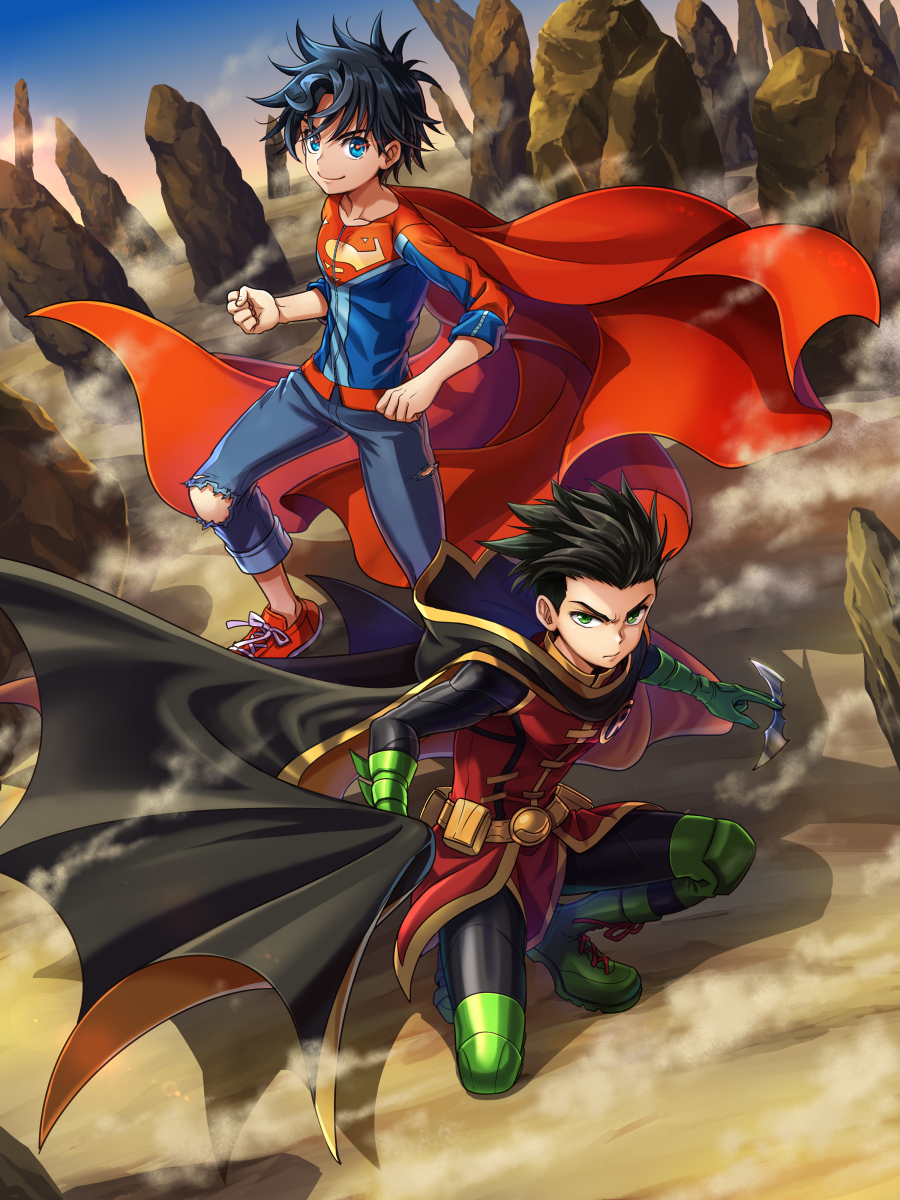 2boys animification batman_(series) belt blue_eyes cape child damian_wayne dc_comics denim gloves green_eyes green_footwear green_gloves highres j.2 jeans jonathan_kent male_focus multiple_boys outdoors pants red_cape robin_(dc) shoelaces smile super_sons superboy superhero_costume superman_(series) torn_clothes torn_pants utility_belt yellow_cape