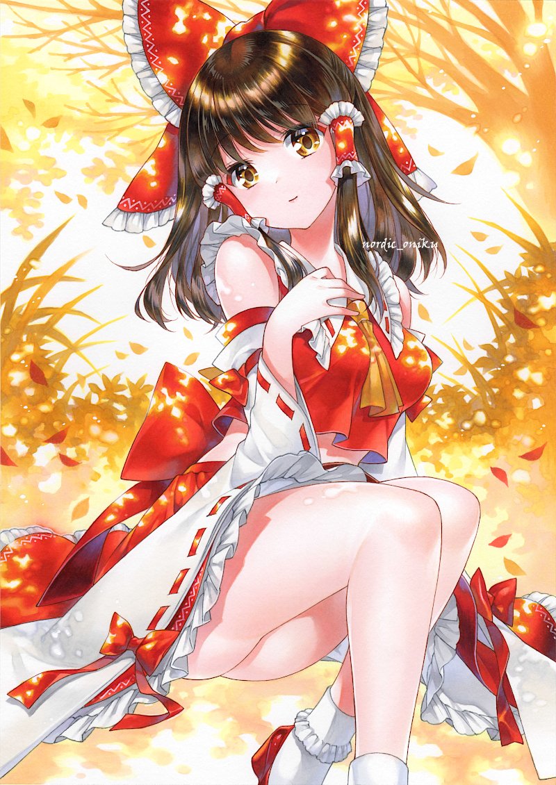 1girl 2021 arm_at_side artist_name ascot ascot_between_breasts back_bow bare_shoulders black_hair blush bow breasts brown_eyes commentary dappled_sunlight dated day detached_sleeves feet_out_of_frame frilled_bow frilled_hair_tubes frilled_shirt_collar frills hair_bow hair_tubes hakurei_reimu hand_up head_tilt huge_bow japanese_clothes knees_together_feet_apart light_particles long_sleeves looking_at_viewer marker_(medium) medium_breasts medium_hair no_panties nontraditional_miko nordic_niku outdoors red_bow red_shirt red_skirt ribbon-trimmed_sleeves ribbon_trim shirt shoes sidelocks sitting skirt skirt_set sleeve_bow sleeveless sleeveless_shirt socks solo sunlight thighhighs thighs touhou traditional_media white_socks wide_sleeves yellow_ascot