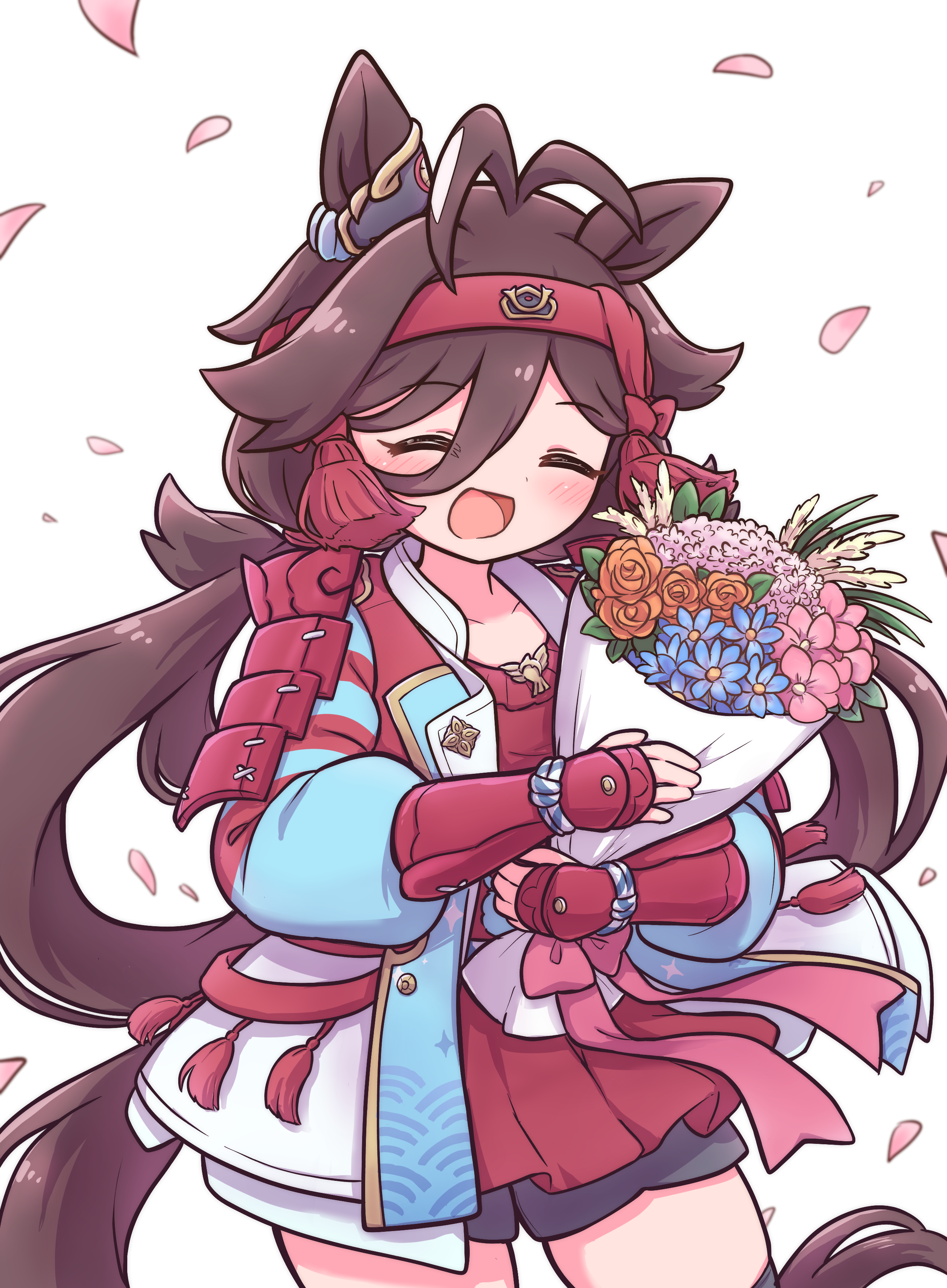 1girl absurdres animal_ears armor blush bouquet closed_eyes commentary_request flower hair_between_eyes hair_ornament hairband highres horse_ears horse_girl japanese_armor long_hair minmin_(kemomofuri) no_reason_(umamusume) petals solo thighhighs umamusume white_background