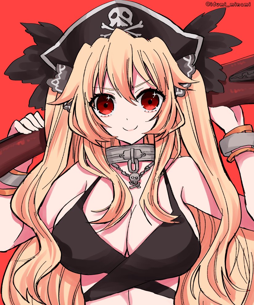 1girl anne_bonny_(fate) anne_bonny_(swimsuit_archer)_(first_ascension)_(fate) bare_shoulders bikini black_bikini black_hat blonde_hair blush breasts cleavage collar cuffs fate/grand_order fate_(series) gun hat izumi_minami large_breasts long_hair looking_at_viewer metal_collar pirate_hat red_eyes rifle smile solo swimsuit two_side_up weapon