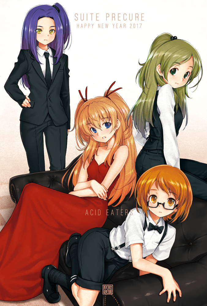 2017 4girls alternate_costume artist_logo black-framed_eyewear black_bow black_bowtie black_footwear black_jacket black_necktie black_pants black_shorts black_socks black_vest blazer blue_eyes bow bowtie brown_hair commentary copyright_name couch crossdressing crossed_arms crossed_legs dress dress_shirt english_text formal_clothes green_eyes hair_bobbles hair_ornament hair_ribbon hair_tie happy_new_year houjou_hibiki jacket kazuma_muramasa kneeling kurokawa_eren leaning_forward loafers logo long_dress long_hair looking_at_viewer looking_back minamino_kanade multiple_girls necktie new_year on_couch one_side_up orange_eyes orange_hair pants precure purple_hair red_dress red_ribbon ribbon semi-rimless_eyewear shirabe_ako shirt shoes short_hair shorts sitting sleeveless sleeveless_dress socks standing suit suite_precure suspender_shorts suspenders two_side_up under-rim_eyewear vest white_shirt wing_collar yellow_eyes