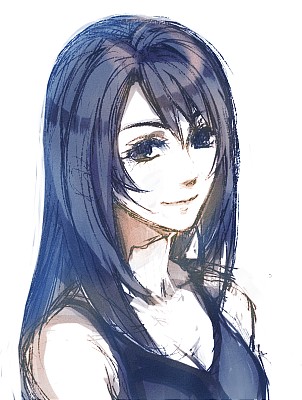 1girl black_eyes black_hair black_tank_top breasts cleavage final_fantasy final_fantasy_viii happy hinokami long_hair looking_to_the_side lowres no_jacket rinoa_heartilly sketch smile solo tank_top upper_body white_background