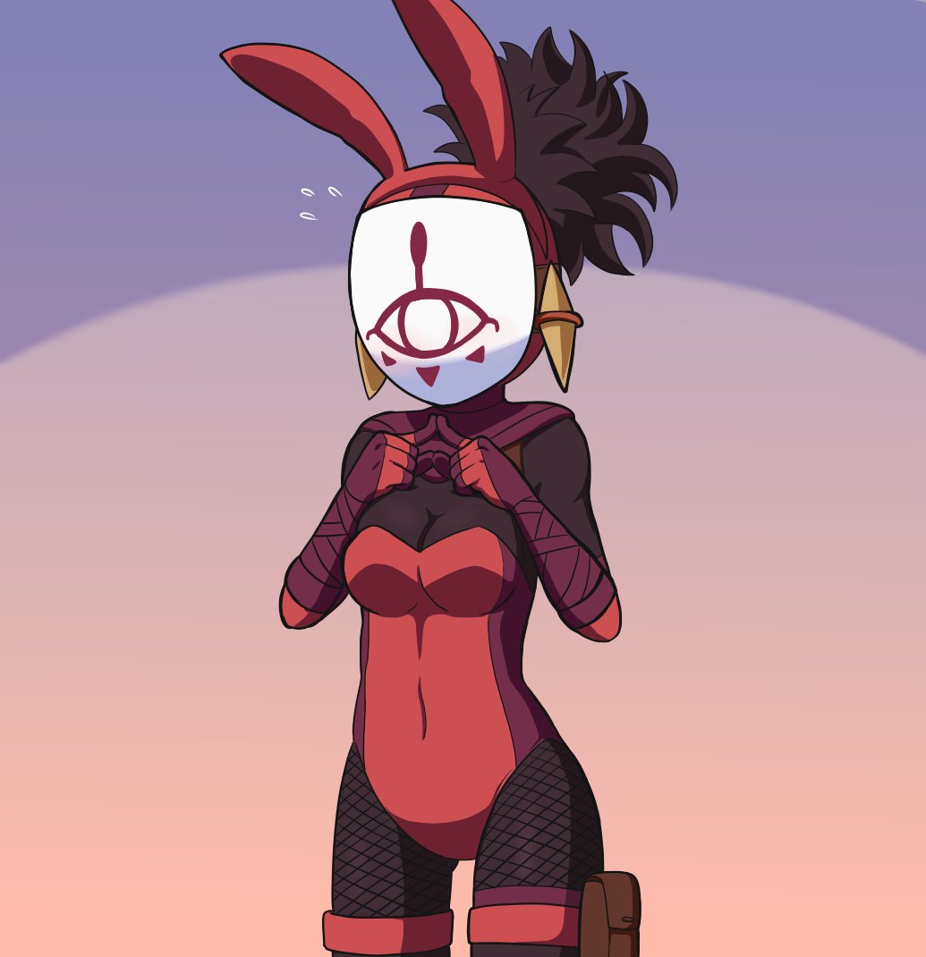 1girl animal_ears black_hair bodystocking breasts cleavage covered_face covered_navel fake_animal_ears fishnets flying_sweatdrops index_fingers_together leotard mask medium_breasts nintendo playboy_bunny ponytail pouch rabbit_ears red_leotard solo strapless strapless_leotard takamame the_legend_of_zelda the_legend_of_zelda:_breath_of_the_wild thigh_pouch thigh_strap yiga_clan yiga_clan_footsoldier