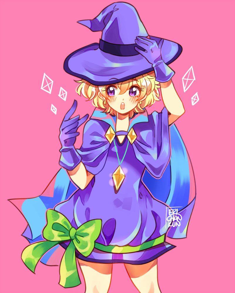 1girl arms_up artist_name blonde_hair blush cape coll_(erichankun) commentary_request cowboy_shot gloves green_ribbon hair_between_eyes hand_on_headwear hat jewelry looking_to_the_side magical_girl pendant pink_background purple_cape purple_eyes purple_gloves purple_hat ribbon short_hair simple_background solo sugar_sugar_rune vanilla_mieux