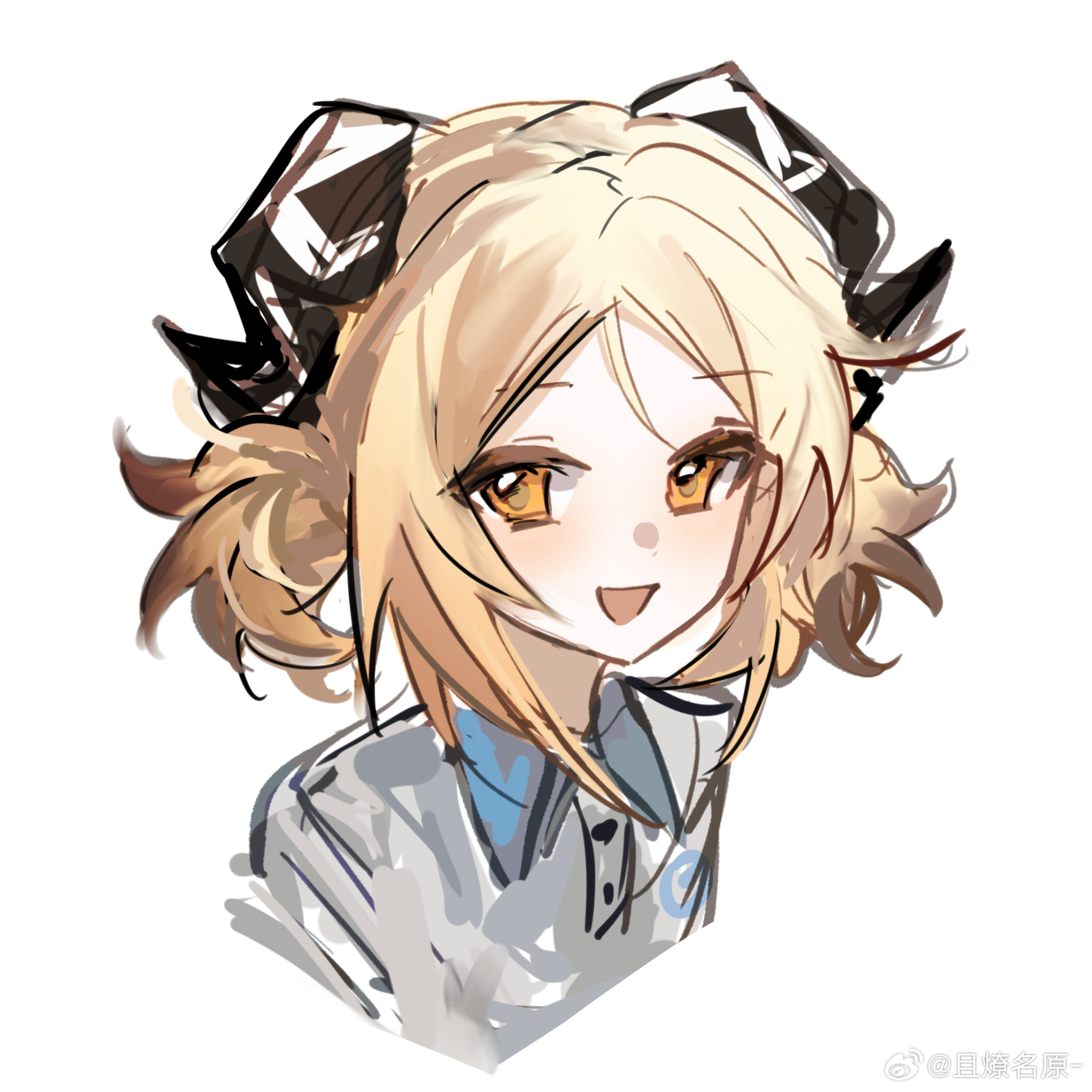 1girl :d arknights black_horns blonde_hair chinese_commentary commentary_request cropped_shoulders highres horns ifrit_(arknights) light_blush looking_at_viewer open_mouth parted_bangs qielmy short_hair simple_background sketch smile solo white_background yellow_eyes