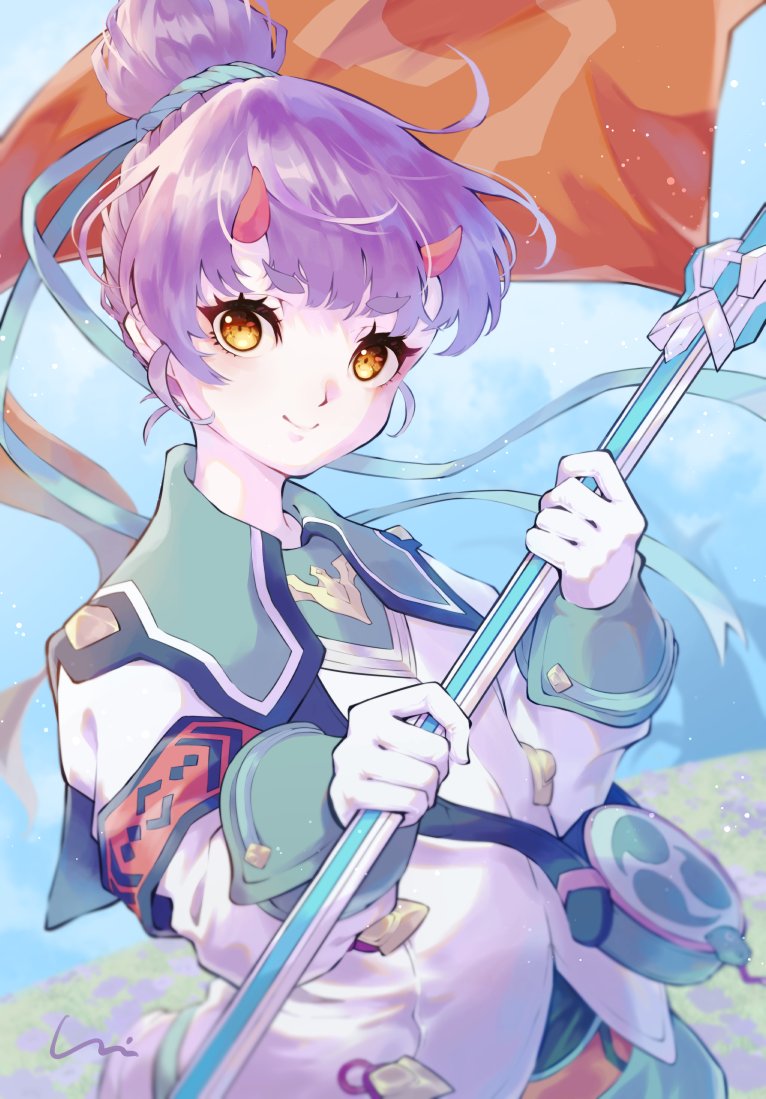 1girl closed_mouth commentary_request fiona_(xenoblade) gloves hair_bun holding horns jacket long_sleeves looking_at_viewer mitsudomoe_(shape) pale_skin puffy_long_sleeves puffy_sleeves purple_hair short_eyebrows smile solo thick_eyebrows tomoe_(symbol) white_gloves white_jacket xenoblade_chronicles_(series) xenoblade_chronicles_3 yuni_(unitary_580)
