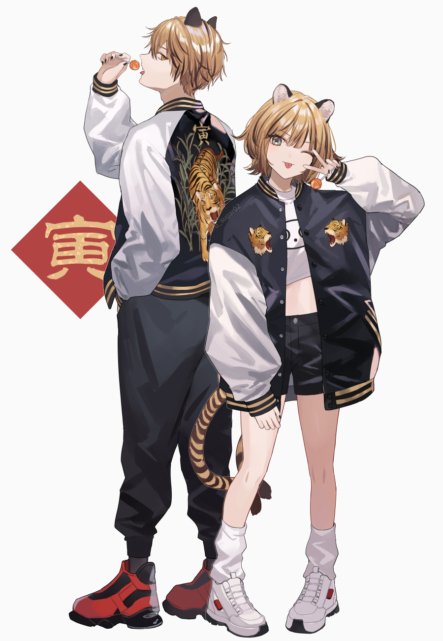 1girl animal_ears animal_print black_jacket black_nails black_pants black_shorts blonde_hair candy commentary food full_body hand_in_pocket hand_up highres holding holding_candy holding_food holding_lollipop jacket letterman_jacket lollipop looking_at_viewer loose_socks multicolored_hair open_clothes open_jacket original pants print_shirt red_footwear shirt shoes short_hair shorts shugao simple_background sneakers socks streaked_hair sukajan tail tiger_boy tiger_ears tiger_girl tiger_print tiger_tail v white_background white_footwear white_shirt white_sleeves white_socks