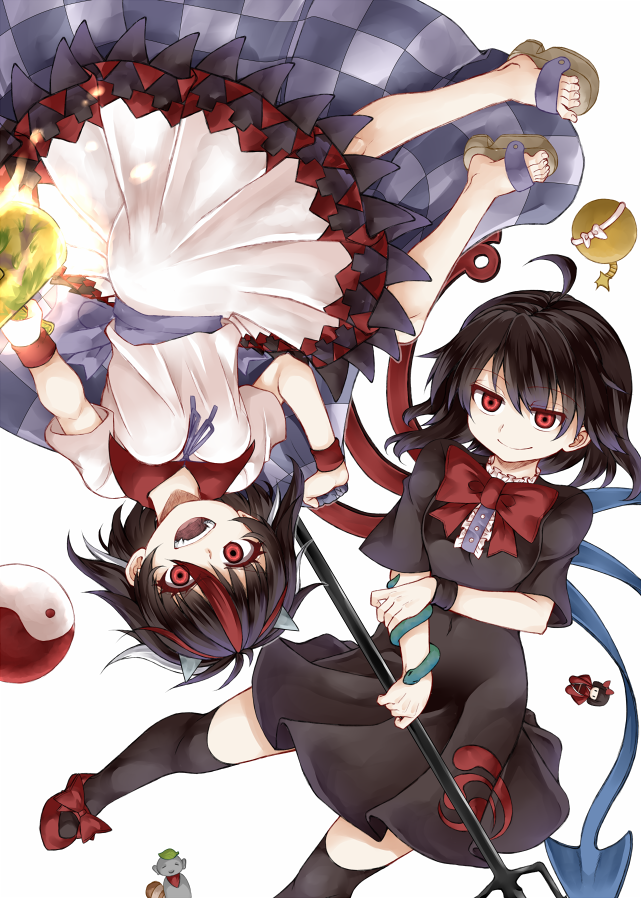 2girls ahoge arrow_print asymmetrical_wings bare_legs bare_shoulders black_dress black_hair black_thighhighs blue_ribbon bracelet check_commentary commentary_request cone_horns dress feet five-foot_bomb grey_horns holding holding_weapon horns houjuu_nue jewelry kijin_seija looking_at_viewer mary_janes miracle_mallet multicolored_hair multiple_girls nimble_fabric open_mouth orb polearm red_eyes red_shoes ribbon sandals sharp_teeth shoes short_hair simple_background smile snake streaked_hair teeth thighhighs toenails toes touhou trident upside-down weapon white_background wings wristband yin_yang yin_yang_orb zetsumame