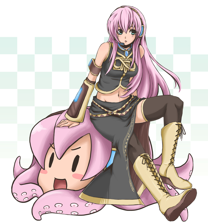 black_thighhighs boots hairband long_hair megurine_luka pink_hair solo takoluka tansan_otoko thighhighs vocaloid