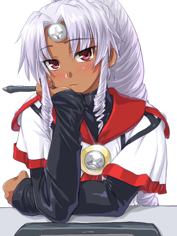 1girl bad_id bad_pixiv_id blush dark-skinned_female dark_skin dd_(ijigendd) drawing_tablet drill_hair female_focus long_hair os-tan red_eyes school_uniform silver_hair simple_background solo stylus vistake white_background