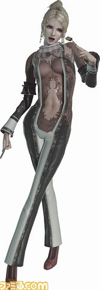 1girl barbarella_(end_of_eternity) bodysuit breasts crossed_legs earrings end_of_eternity female_focus food fork high_heels hip_focus jewelry knife legs meat navel official_art open_mouth short_hair simple_background solo standing steak watermark web_address