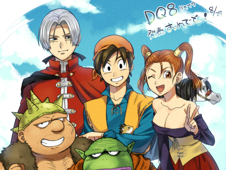 bare_shoulders black_eyes black_hair blue_eyes breasts brown_eyes brown_hair cape cleavage clenched_hand colored_skin dated dragon_quest dragon_quest_viii earrings facial_hair facial_scar facing_viewer green_skin grin hair_tubes hat hero_(dq8) horse jessica_albert jewelry kukuru_(dq8) large_breasts looking_at_viewer medea_(dq8) medium_breasts one_eye_closed open_mouth petagon pointy_ears scar scar_on_cheek scar_on_face silver_hair smile spikes stubble translation_request trode twintails v yangus